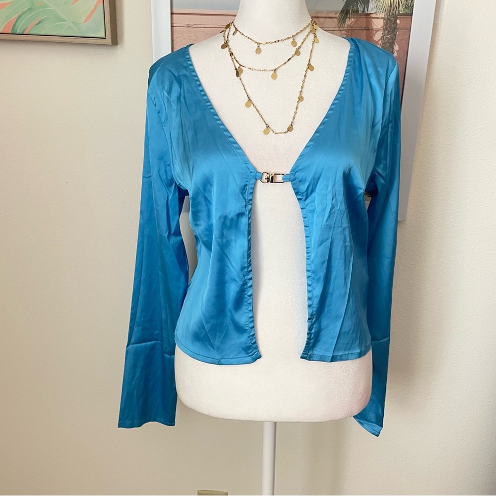 Peppermayo x Riley Hubatka Etheral Love Satin Open Front Top Azure US 6